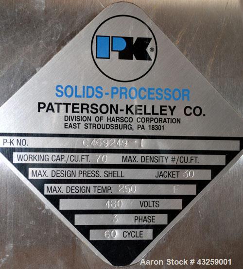 Used Patterson-Kelley Twin Shell Vacuum Tumble Dryer, 10 Cubic Feet, 316L Stainless Steel. Internal rated for full vacuum, 304 stainless steel jacket rated 30 psi at 250 degrees F. Maximum material d...