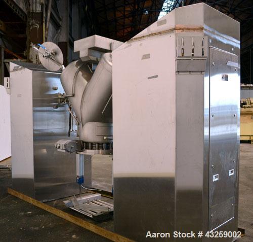 Used Patterson-Kelley Twin Shell Vacuum Tumble Dryer, 10 Cubic Feet, 316L Stainless Steel. Internal rated for full vacuum, 304 stainless steel jacket rated 30 psi at 250 degrees F. Maximum material d...