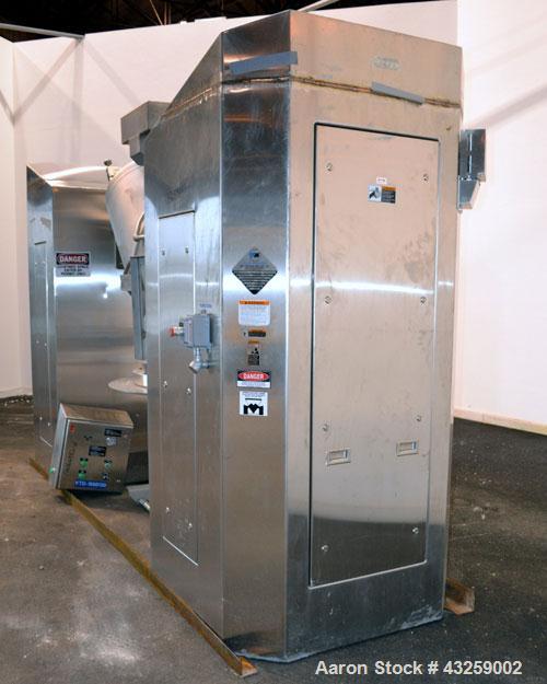 Used Patterson-Kelley Twin Shell Vacuum Tumble Dryer, 10 Cubic Feet, 316L Stainless Steel. Internal rated for full vacuum, 304 stainless steel jacket rated 30 psi at 250 degrees F. Maximum material d...