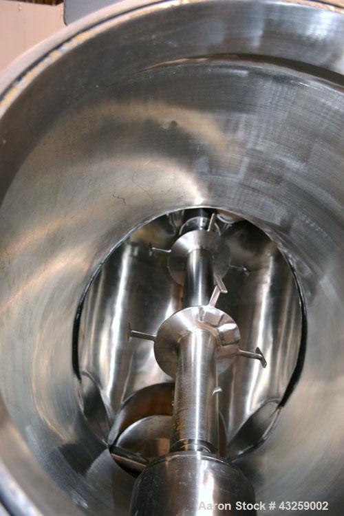 Used Patterson-Kelley Twin Shell Vacuum Tumble Dryer, 10 Cubic Feet, 316L Stainless Steel. Internal rated for full vacuum, 304 stainless steel jacket rated 30 psi at 250 degrees F. Maximum material d...