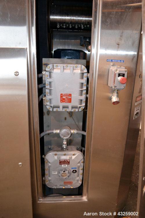 Used Patterson-Kelley Twin Shell Vacuum Tumble Dryer, 10 Cubic Feet, 316L Stainless Steel. Internal rated for full vacuum, 304 stainless steel jacket rated 30 psi at 250 degrees F. Maximum material d...