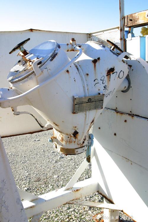 Used Patterson-Kelley 1 Cubic Foot Twin Shell Dry Blender, 304 Stainless Steel. (2) 11" Diameter top charge ports with quick release covers, approximately 16-1/2" deep. Carbon steel jacket rated 30 P...