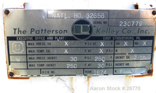 Used Patterson-Kelley 1 Cubic Foot Twin Shell Dry Blender, 304 Stainless Steel. (2) 11" Diameter top charge ports with quick release covers, approximately 16-1/2" deep. Carbon steel jacket rated 30 P...