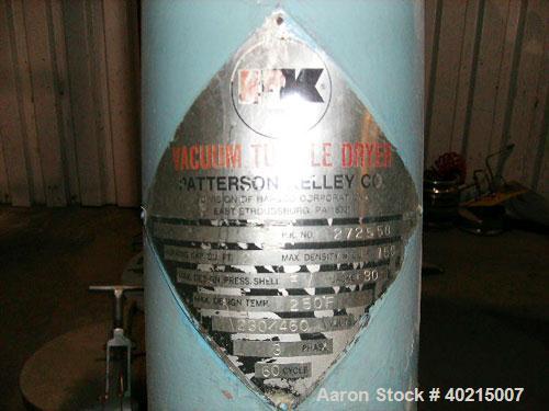 Used Patterson Kelley Vee Cone Dryer. Size 20 cubic feet; blender side full vacuum; jacket side 30 psig; temperature 250 deg F; motor 1 hp, 1800 rpm, 230/460 volt, 3 phase, 60 hz.