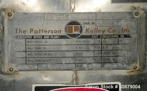 Used Patterson Kelley Twin Shell Vacuum Tumble Dryer, 10 cubic feet, 316 stainless steel. Internal not rated, 304 stainless steeljacket rated 30 psi at 250 deg F. Maximum material density 70 pounds p...