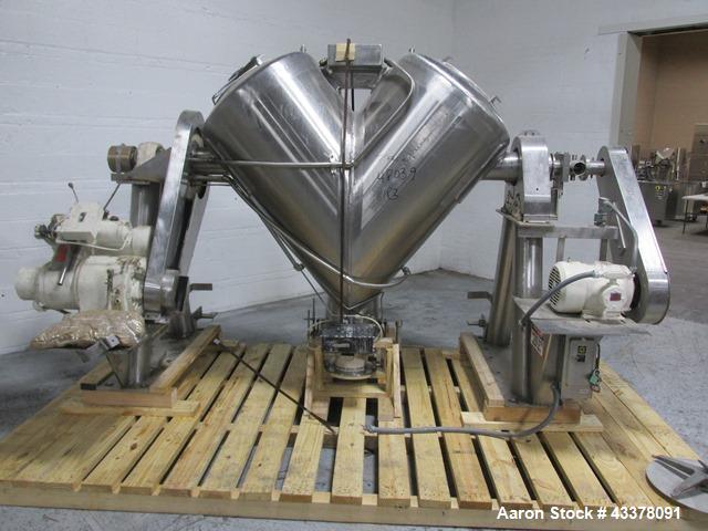 Used Patterson-Kelley Twin Shell Solids Processor, 20 Cubic Feet. Stainless steel construction, 65#/cu ft max density, rated full vacuum at 250 internal, jacketed for 30 psi at 250 f, apporximately 2...