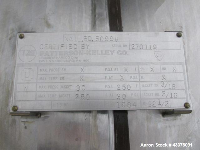 Used Patterson-Kelley Twin Shell Solids Processor, 20 Cubic Feet. Stainless steel construction, 65#/cu ft max density, rated full vacuum at 250 internal, jacketed for 30 psi at 250 f, apporximately 2...