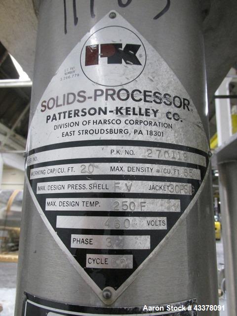Used Patterson-Kelley Twin Shell Solids Processor, 20 Cubic Feet. Stainless steel construction, 65#/cu ft max density, rated full vacuum at 250 internal, jacketed for 30 psi at 250 f, apporximately 2...