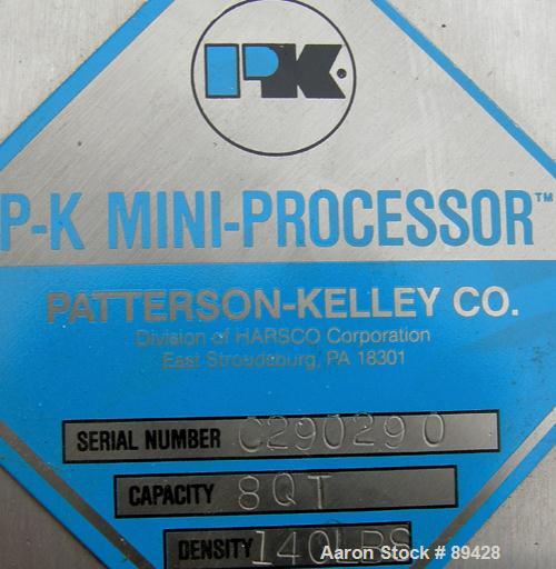 USED: Patterson Kelley mini processor 8 quart (.26 cubic foot) twin shell vacuum dryer, 316 stainless steel. Internal rated FV at 212 deg F, stainless steel jacket rated 30 psi at 212 deg F. Max mate...