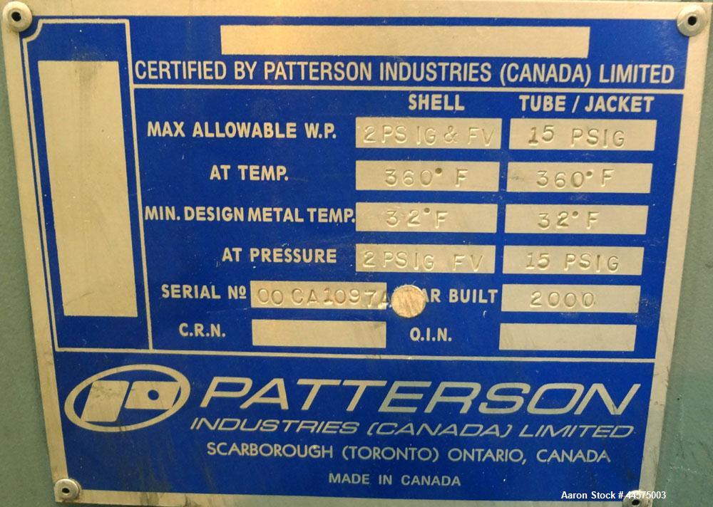 Used Patterson Industries Twin Shell Vacuum Dryer, 20 Cubic Feet, 304 Stainless Steel. Internal rated 2psig & Full Vacuum at 32 to 360 degrees F, jacket rated 15 psig at 32 to 360 degrees F. 18" Diam...