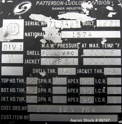 Used Patterson Industries Double Cone Vacuum Dryer, 8.7 Cubic Feet Working Capacity, 12.4 Total. 316 stainless steel. Internal rated FV at 300 Degrees F, carbon steel jacket rated 50 PSI at 300 Degre...