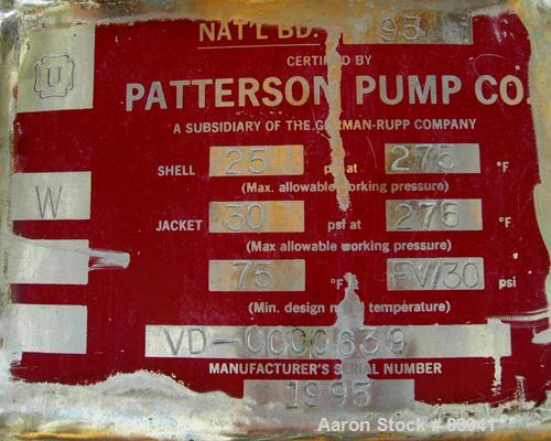 Used Patterson Pump Company Double Cone Vacuum Dryer, approximately 13.72 cubic feet working capacity, 316 stainless steel. 42" diameter x 12" straight side x 20" cones. Internal rated 25 psi at 275 ...