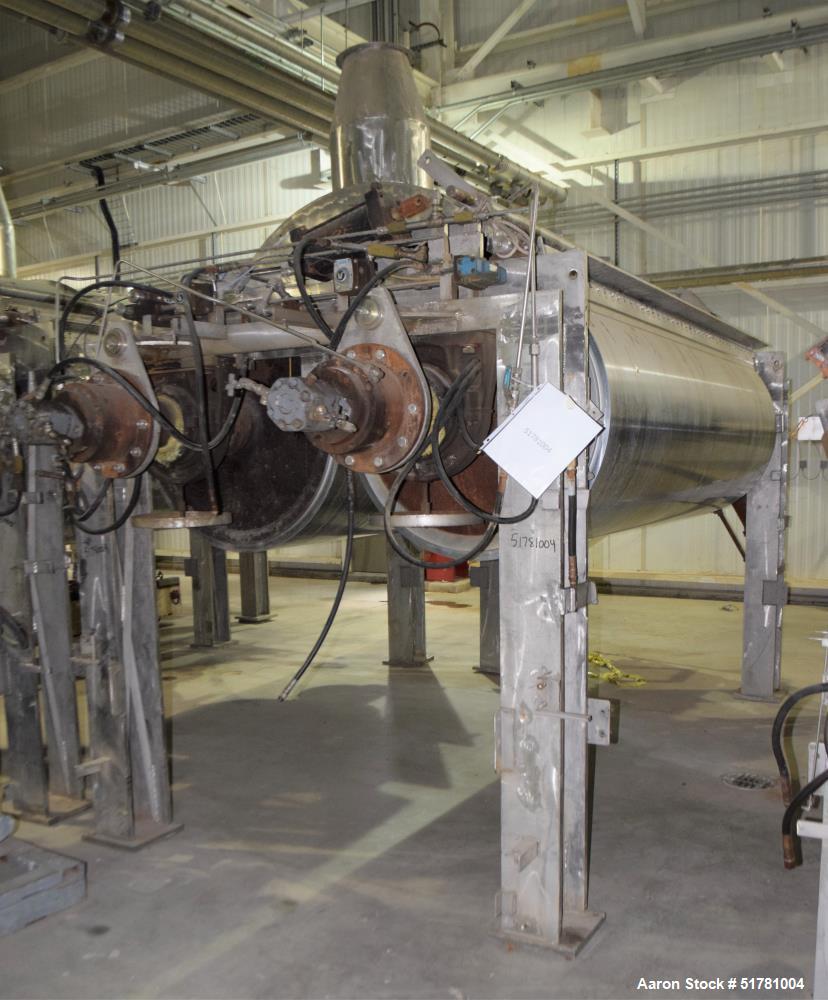 Used Double Drum Dryer. (2) Approximate 42" diameter x 120" face chrome plated rolls. Approximate rating 160 psi at 450 degrees F.. Each roll set up for a hydraulic drive. 15HP Hydraulic power pack. ...