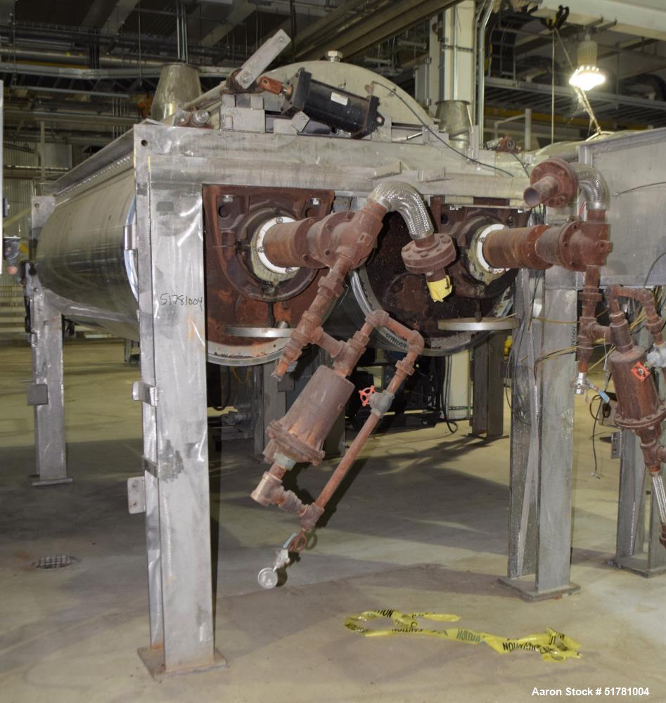 Used Double Drum Dryer. (2) Approximate 42" diameter x 120" face chrome plated rolls. Approximate rating 160 psi at 450 degrees F.. Each roll set up for a hydraulic drive. 15HP Hydraulic power pack. ...