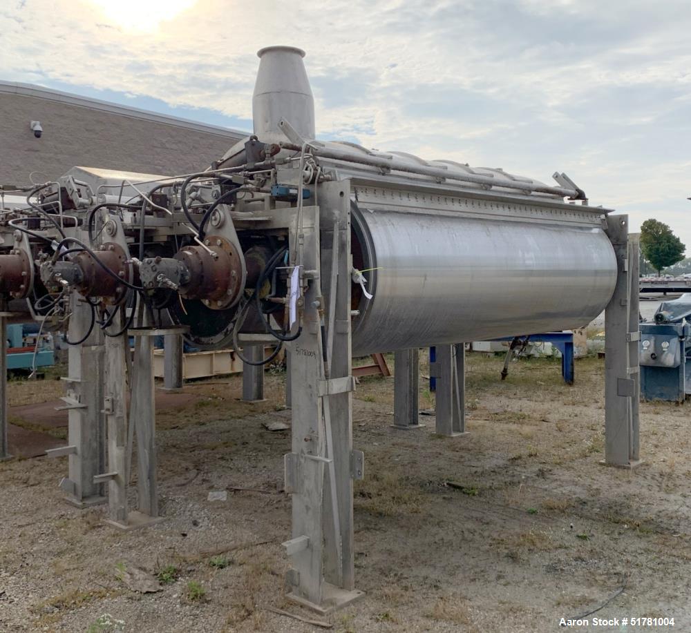 Used Double Drum Dryer. (2) Approximate 42" diameter x 120" face chrome plated rolls. Approximate rating 160 psi at 450 degrees F.. Each roll set up for a hydraulic drive. 15HP Hydraulic power pack. ...