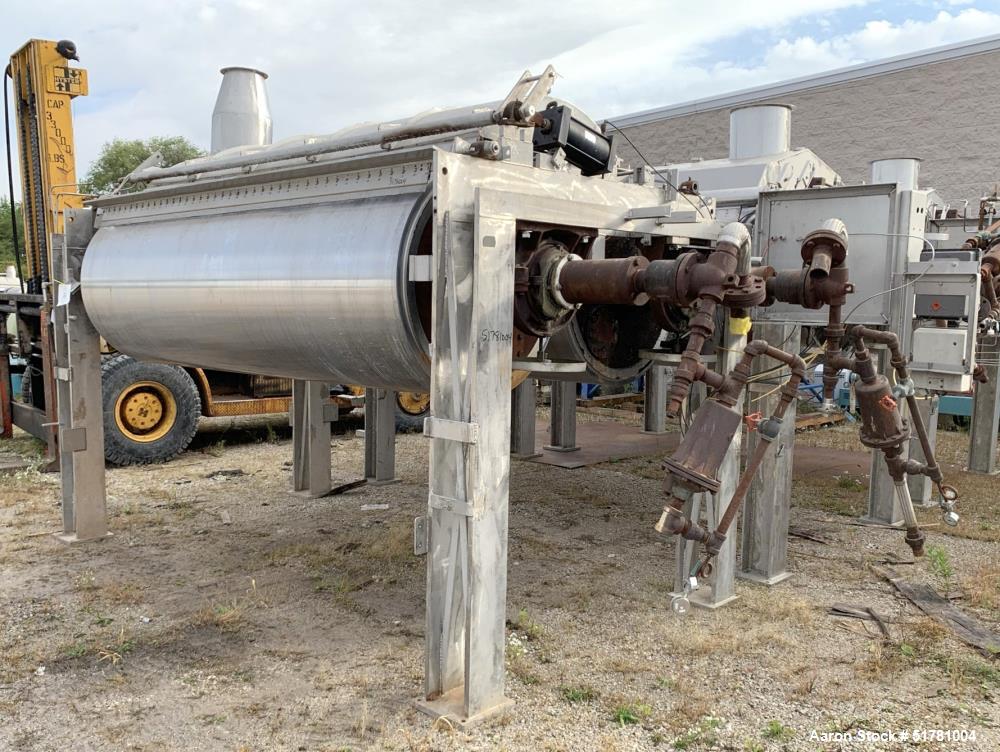 Used Double Drum Dryer. (2) Approximate 42" diameter x 120" face chrome plated rolls. Approximate rating 160 psi at 450 degrees F.. Each roll set up for a hydraulic drive. 15HP Hydraulic power pack. ...