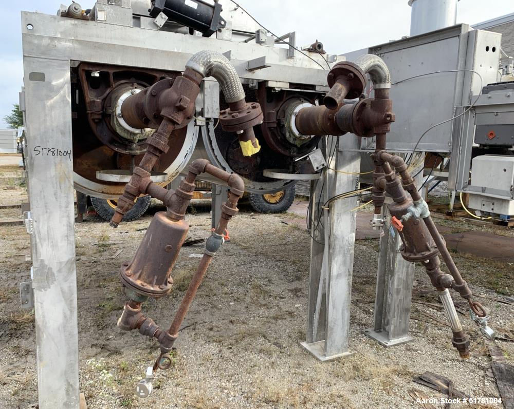 Used Double Drum Dryer. (2) Approximate 42" diameter x 120" face chrome plated rolls. Approximate rating 160 psi at 450 degrees F.. Each roll set up for a hydraulic drive. 15HP Hydraulic power pack. ...