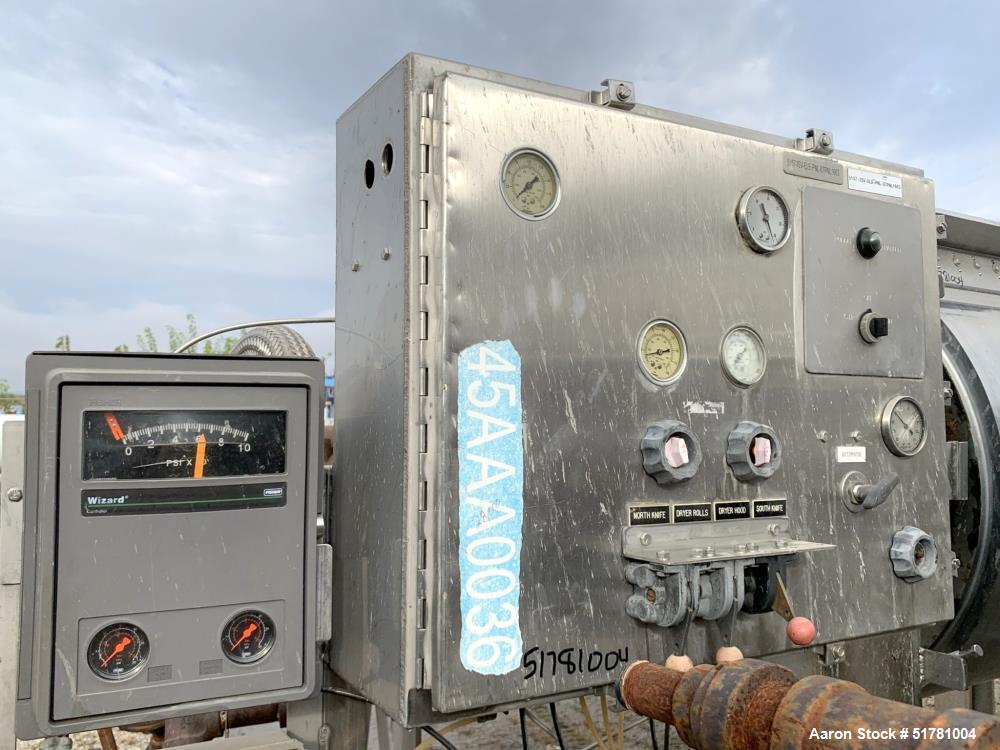 Used Double Drum Dryer. (2) Approximate 42" diameter x 120" face chrome plated rolls. Approximate rating 160 psi at 450 degrees F.. Each roll set up for a hydraulic drive. 15HP Hydraulic power pack. ...