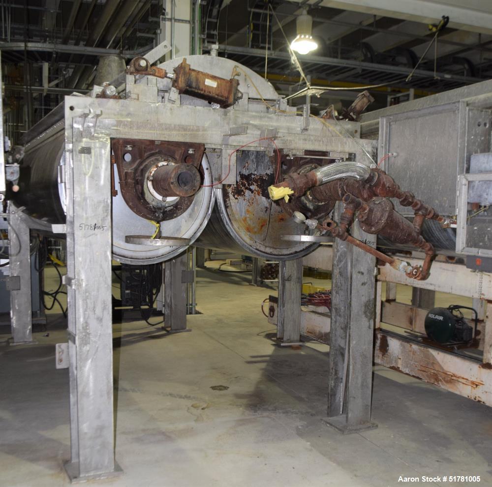 Used Double Drum Dryer. (2) Approximate 42" diameter x 120" face chrome plated rolls. Approximate rating 160 psi at 450 degrees F.. Each roll set up for a hydraulic drive. 15HP Hydraulic power pack. ...