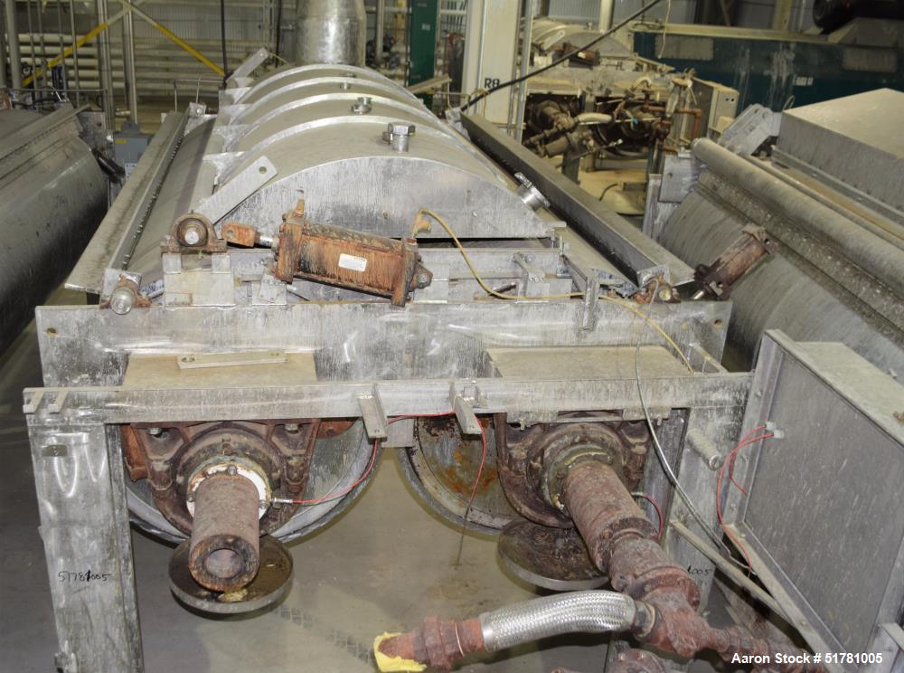 Used Double Drum Dryer. (2) Approximate 42" diameter x 120" face chrome plated rolls. Approximate rating 160 psi at 450 degrees F.. Each roll set up for a hydraulic drive. 15HP Hydraulic power pack. ...