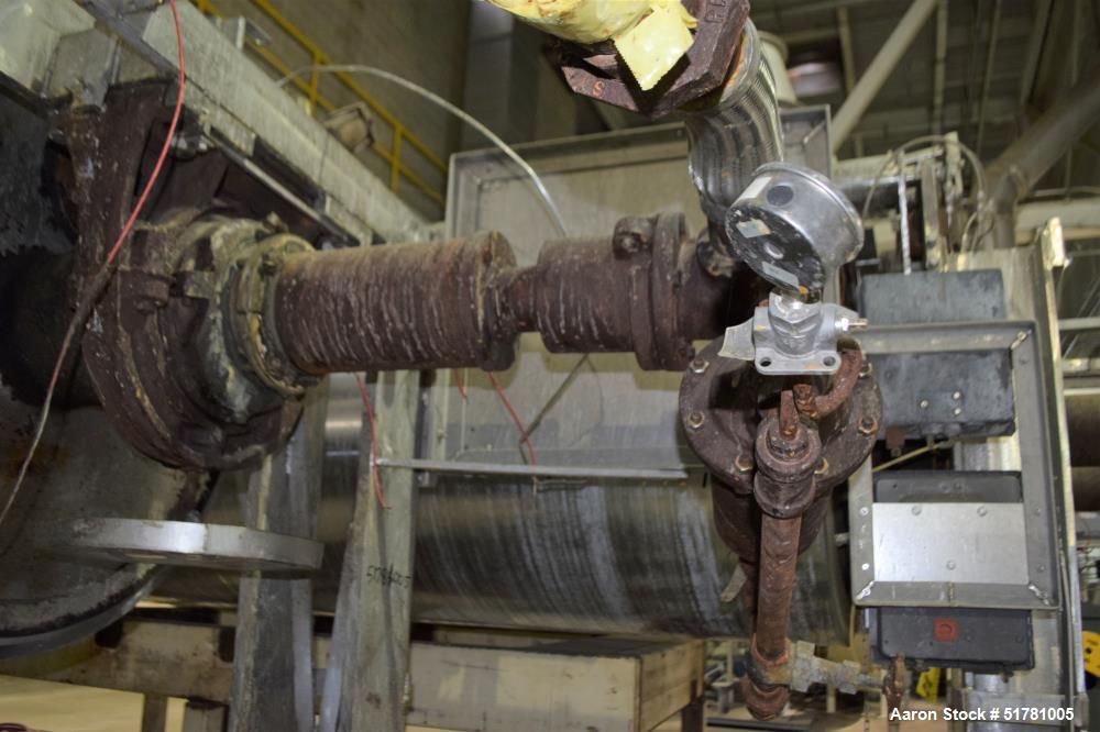 Used Double Drum Dryer. (2) Approximate 42" diameter x 120" face chrome plated rolls. Approximate rating 160 psi at 450 degrees F.. Each roll set up for a hydraulic drive. 15HP Hydraulic power pack. ...