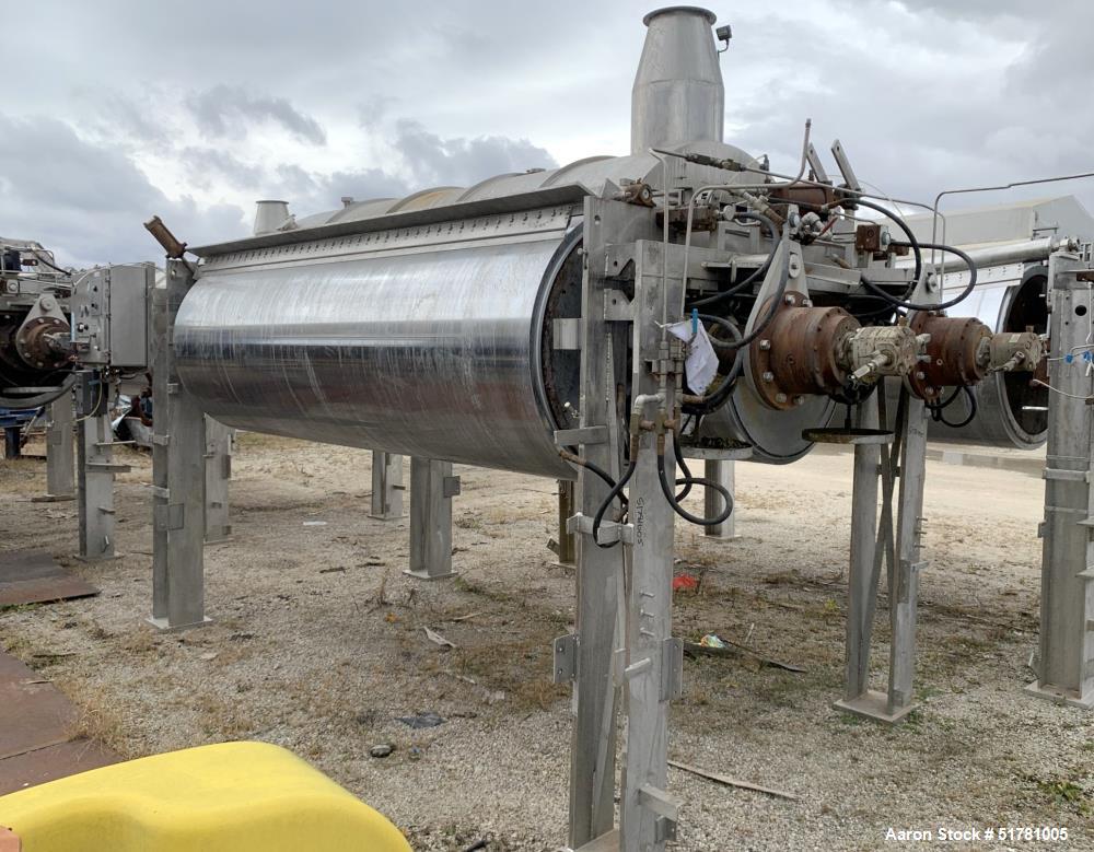 Used Double Drum Dryer. (2) Approximate 42" diameter x 120" face chrome plated rolls. Approximate rating 160 psi at 450 degrees F.. Each roll set up for a hydraulic drive. 15HP Hydraulic power pack. ...