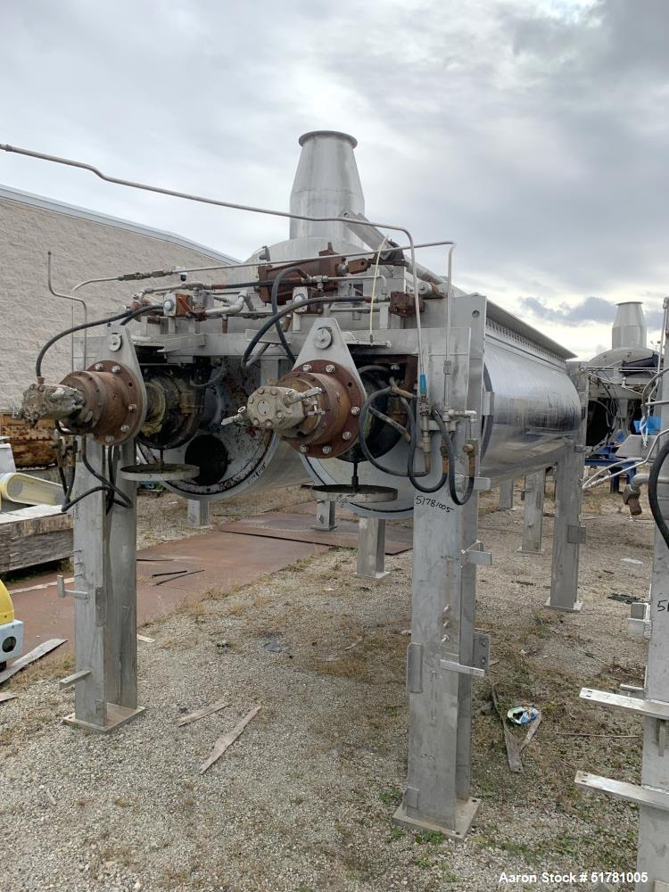 Used Double Drum Dryer. (2) Approximate 42" diameter x 120" face chrome plated rolls. Approximate rating 160 psi at 450 degrees F.. Each roll set up for a hydraulic drive. 15HP Hydraulic power pack. ...