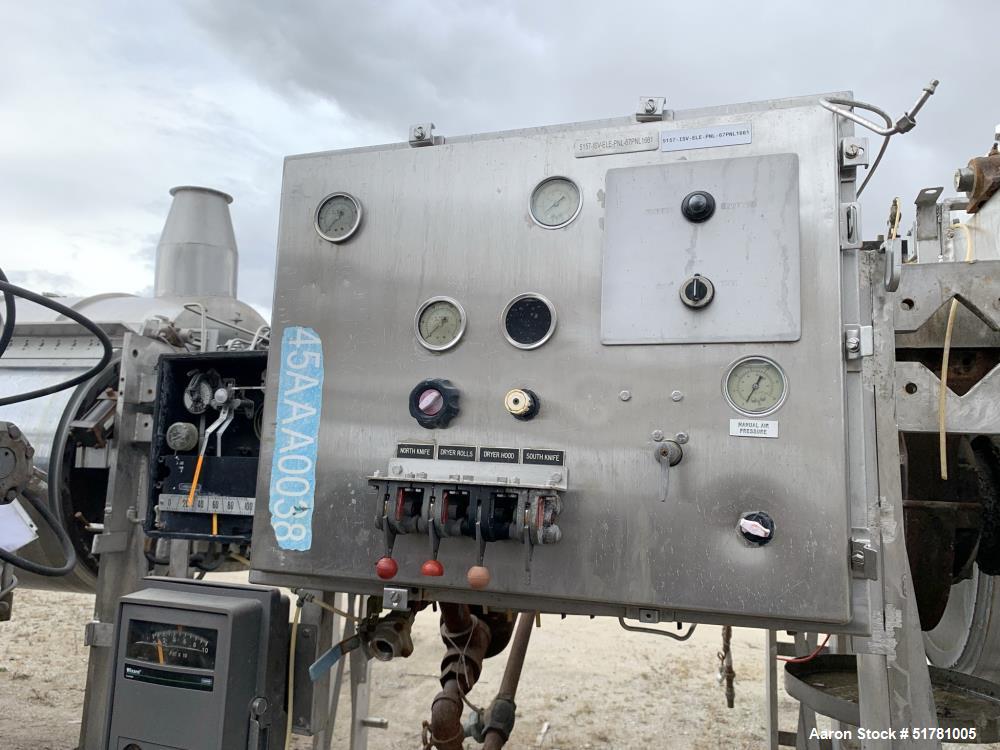 Used Double Drum Dryer. (2) Approximate 42" diameter x 120" face chrome plated rolls. Approximate rating 160 psi at 450 degrees F.. Each roll set up for a hydraulic drive. 15HP Hydraulic power pack. ...