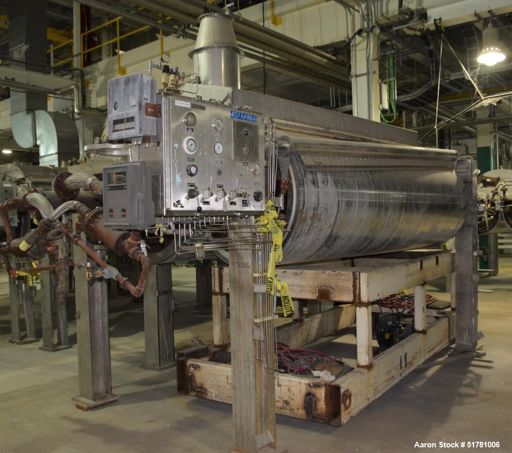 Used Double Drum Dryer. (2) Approximate 42" diameter x 120" face chrome plated rolls. Each rated 160 psi at -20 to 650 degrees F., serial#s 533K and 534K, National Board#s 454 and 455, built 2007, ce...