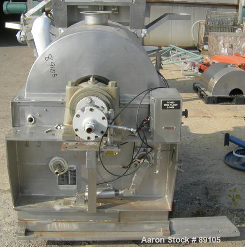 Used Blaw Knox Single Drum Flaker, 316 stainless steel. 24" diameter x 24" face cored drum rated 60 psi at 350 deg F. Driven by a 1.5 hp, 3/60/208-230/460 volt, 1725 rpm XP gearmotor, ratio 57.7:1. U...