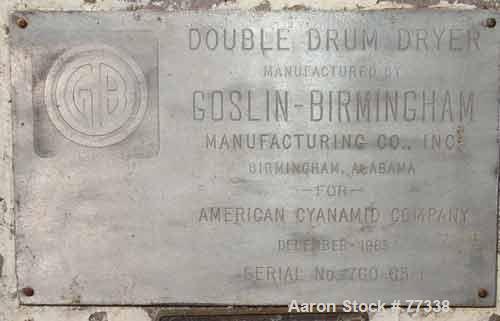 USED: Goslin double drum dryer, 24" diameter x 24" face, cored chromeplated carbon steel rolls, rated approx 160 PSI at 450 degrees F. (2)pneumatically adjustable scraper blades, edge guides, fume ho...
