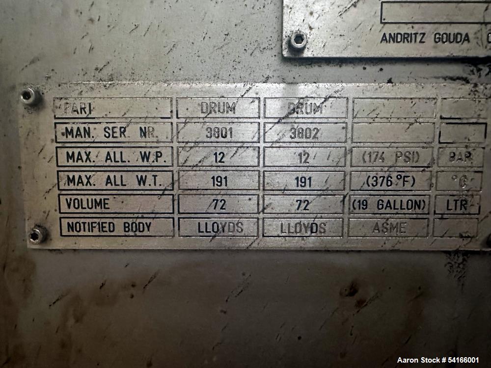 Used Andritz Pilot Drum Dryer, Model T5/5. Drum diameter: 500mm x Drum length: 500mm. Each drum is ASME rated and rated 174 psi at 376 degrees F. Indludes Spare T5/5 Drums (2) each and Control Cabine...