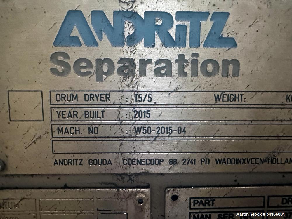 Used Andritz Pilot Drum Dryer, Model T5/5. Drum diameter: 500mm x Drum length: 500mm. Each drum is ASME rated and rated 174 psi at 376 degrees F. Indludes Spare T5/5 Drums (2) each and Control Cabine...