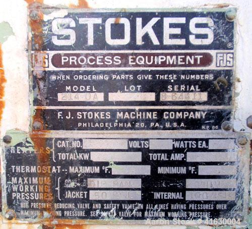 Used Stokes Double Drum Dryer, Model 214-0A. (2) 8-1/2" diameter x 11" face width cored drums with rotary unions, rated 100 psi. Knife discharge, dual edge guides. Driven by a 1.5 hp, 230/460 volt Re...