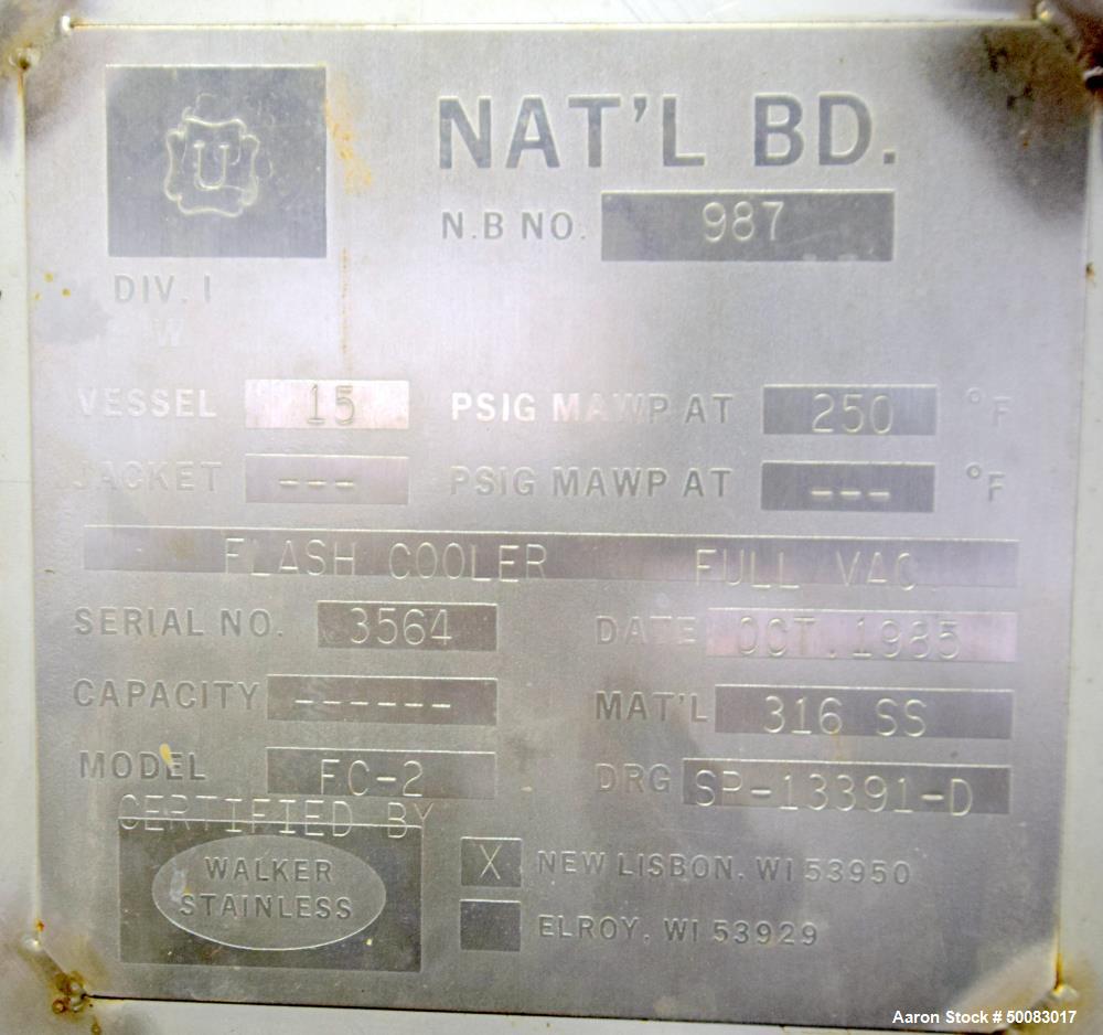 Used Dedert / Walker Stainless Flash Cooler, Model FC-2, 316 Stainless Steel, Vertical. Internal rated 15 psi / FV at 250 degrees F. Serial# 3564, National Board# 987, Built 1985.