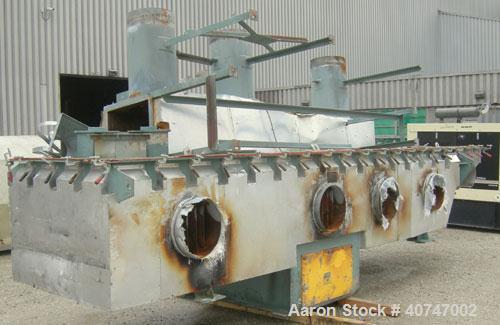 Used Carman Industries Fluid Bed Dryer/Cooler, Model FBP-562.  Approximate 230" long x 45 1/2" wide stainless steel perforated bed.  Includes a top cover, gas burner section and control panel.  Also ...