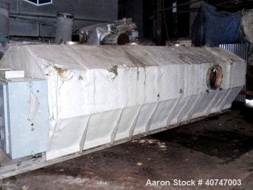 Used Carman Industries Vibrating Fluid Bed Dryer, model FBP-562, stainless steel contact surfaces, 45.5" wide x 230" long with 204" long perforated bed, (2) zone with 14' long heated zone with Stelte...
