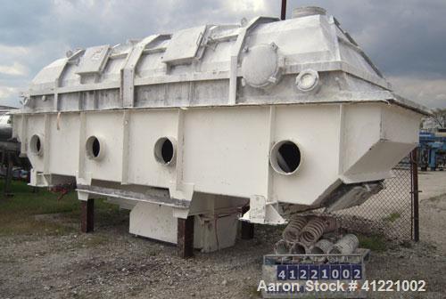Used Carrier Vibrating Equipment Fluid-Flow Vibrating Fluid Bed Dryer/Cooler, model 7260S, 304 stainless steel. Approximately 72" wide x 306" long perforated bed, 3/16" stroke. Top cover with access ...