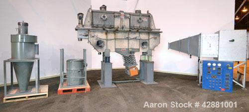 Used Carrier Vibrating Equipment Dryer/Cooler, Model FCAD-12100S, 304 Stainless Steel. 11’’ wide x 135’’ long trough, approximately 120’’ long section with a perforated “W” shaped deck. Top end feed,...