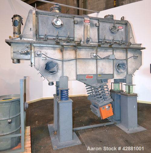 Used Carrier Vibrating Equipment Dryer/Cooler, Model FCAD-12100S, 304 Stainless Steel. 11’’ wide x 135’’ long trough, approximately 120’’ long section with a perforated “W” shaped deck. Top end feed,...