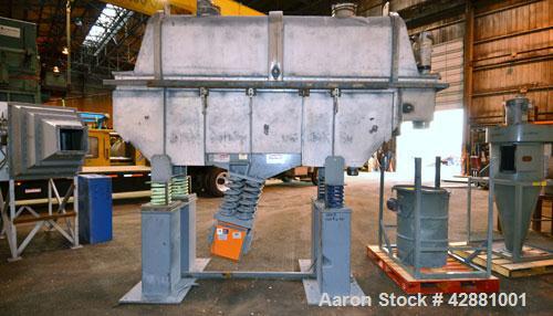 Used Carrier Vibrating Equipment Dryer/Cooler, Model FCAD-12100S, 304 Stainless Steel. 11’’ wide x 135’’ long trough, approximately 120’’ long section with a perforated “W” shaped deck. Top end feed,...