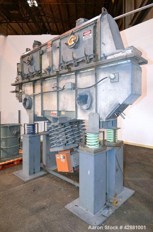 Used Carrier Vibrating Equipment Dryer/Cooler, Model FCAD-12100S, 304 Stainless Steel. 11’’ wide x 135’’ long trough, approximately 120’’ long section with a perforated “W” shaped deck. Top end feed,...