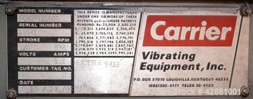 Used Carrier Vibrating Equipment Dryer/Cooler, Model FCAD-12100S, 304 Stainless Steel. 11’’ wide x 135’’ long trough, approximately 120’’ long section with a perforated “W” shaped deck. Top end feed,...