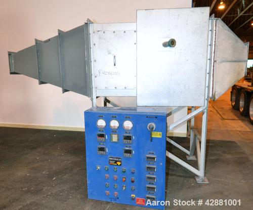 Used Carrier Vibrating Equipment Dryer/Cooler, Model FCAD-12100S, 304 Stainless Steel. 11’’ wide x 135’’ long trough, approximately 120’’ long section with a perforated “W” shaped deck. Top end feed,...