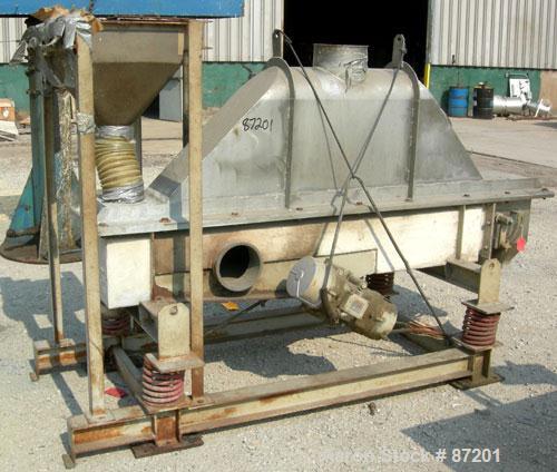 USED: Carrier Vibratory Continuous Fluid Bed Dryer, model FTAD1240S14GA, stainless steel. Approximate 10" wide x 90" long bottom screen. Approximate 1 hp vibrating motor. Stroke 3/16". Top end inlet ...