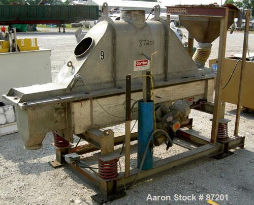 USED: Carrier Vibratory Continuous Fluid Bed Dryer, model FTAD1240S14GA, stainless steel. Approximate 10" wide x 90" long bottom screen. Approximate 1 hp vibrating motor. Stroke 3/16". Top end inlet ...