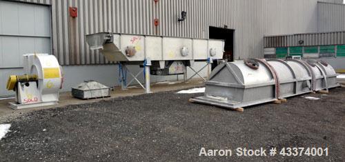 Used Carrier Vibrating Equipment Fluid-Flow Vibrating Fluid Bed Dryer / Cooler, Model QAD/C-7260. 304 Stainless Steel. Overall size 84" wide x 30'6" long x 144" tall. 25hp motor, 40hp blower, with he...