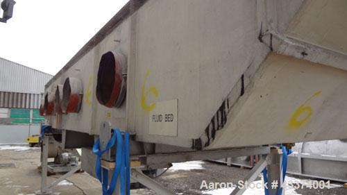 Used Carrier Vibrating Equipment Fluid-Flow Vibrating Fluid Bed Dryer / Cooler, Model QAD/C-7260. 304 Stainless Steel. Overall size 84" wide x 30'6" long x 144" tall. 25hp motor, 40hp blower, with he...