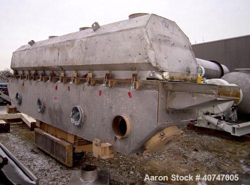 Used Carrier Vibrating Equipment Vibratory Continuous Fluid Bed Dryer/Cooler, model QAD/C3-2460S, 304 stainless steel. Approximate 23" wide x 222" long bottom screen.  Stroke 3/16". Top end inlet, en...