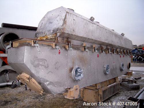 Used Carrier Vibrating Equipment Vibratory Continuous Fluid Bed Dryer/Cooler, model QAD/C3-2460S, 304 stainless steel. Approximate 23" wide x 222" long bottom screen.  Stroke 3/16". Top end inlet, en...